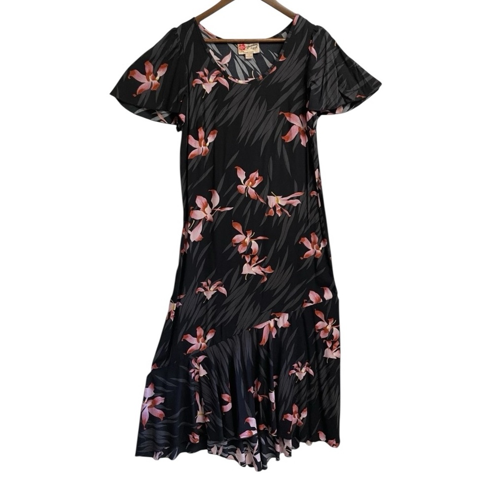 Vintage The Hawaiian Original Hilo Hattie Maxi Dress Womens M Black Pink Floral
